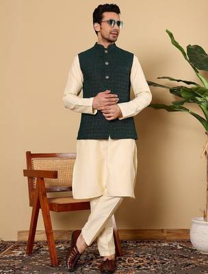 Green silk embroidered kurta pajama and nehru jacket for mens 4