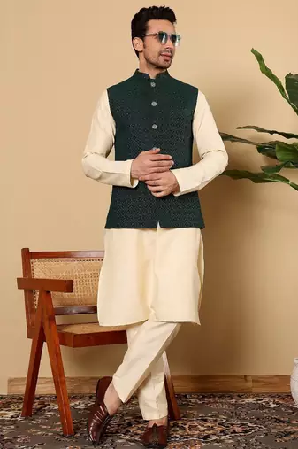 Green silk embroidered kurta pajama and nehru jacket for mens