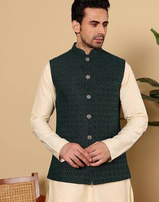 Green silk embroidered kurta pajama and nehru jacket for mens 5