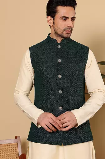 Green silk embroidered kurta pajama and nehru jacket for mens
