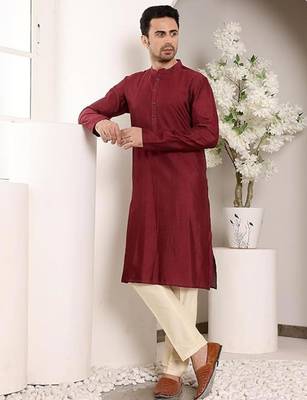 Red viscose embroidered kurta pajama for mens 2