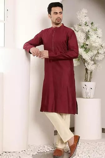 Red viscose embroidered kurta pajama for mens