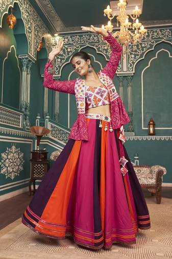 Eilara Multicolor Embroidered Rayon Navratri Lehenga Choli (Stitched)
