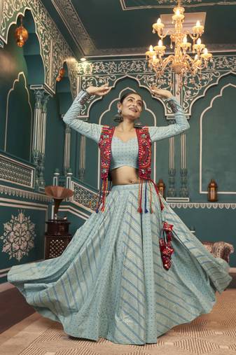 Eilara Pistagreen Embroidered Rayon Navratri Lehenga Choli (Stitched)