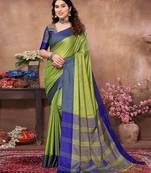 Green silk blend heavy border saree with contrast blouse