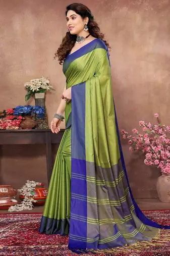 Green silk blend heavy border saree with contrast blouse