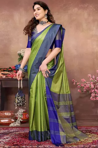 Green silk blend heavy border saree with contrast blouse
