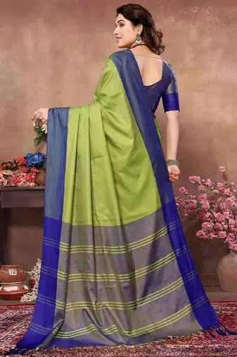 Green silk blend heavy border saree with contrast blouse