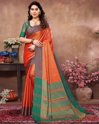 Orange silk blend heavy border saree with contrast blouse 1