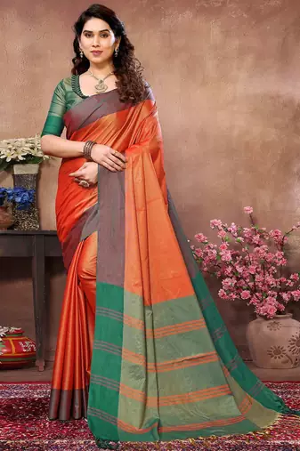 Orange silk blend heavy border saree with contrast blouse