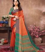 Orange silk blend heavy border saree with contrast blouse