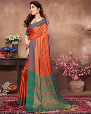 Orange silk blend heavy border saree with contrast blouse 2