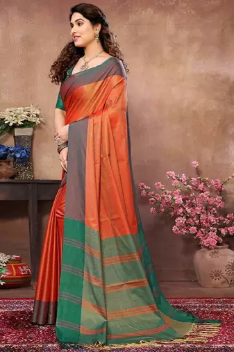 Orange silk blend heavy border saree with contrast blouse
