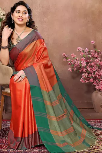 Orange silk blend heavy border saree with contrast blouse