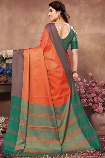 Orange silk blend heavy border saree with contrast blouse