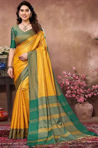 Yellow silk blend heavy border saree with contrast blouse
