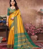 Yellow silk blend heavy border saree with contrast blouse
