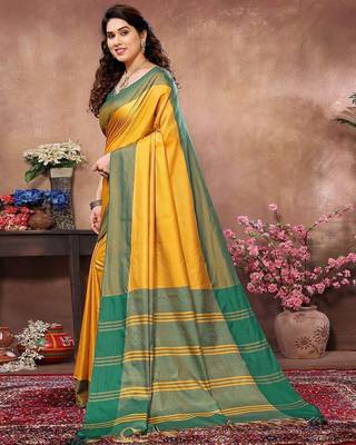 Yellow silk blend heavy border saree with contrast blouse 2