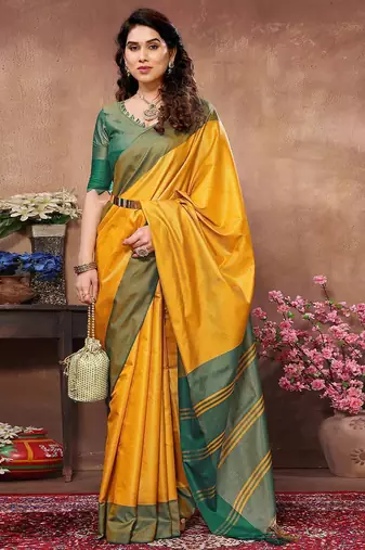 Yellow silk blend heavy border saree with contrast blouse