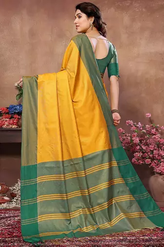 Yellow silk blend heavy border saree with contrast blouse
