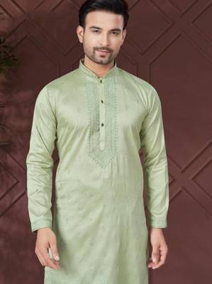 Light green pure silk with embroidery work kurta pyjama for mens wear 2