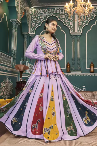 Eilara Lavender Garba Style Printed Lehenga Choli with Jacket – Navratri Wear
