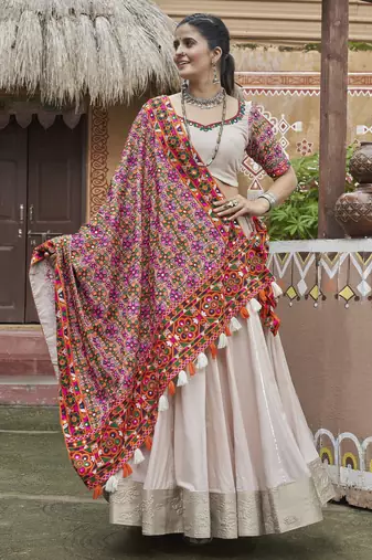 Eilara Beige Embroidered Mirror Work Rayon Navratri Lehenga Choli