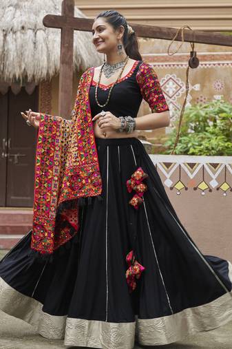 EILARA WOMEN'S BLACK THREAD EMBROIDERED WITH MIRROR WORK VISCOSE RAYON TRADITIONAL NAVRATRI FESTIVAL LEHENGA CHOLI