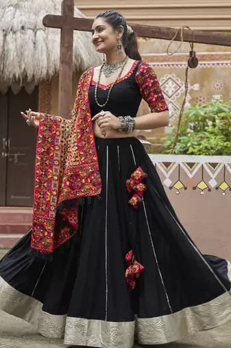 EILARA WOMEN'S BLACK THREAD EMBROIDERED WITH MIRROR WORK VISCOSE RAYON TRADITIONAL NAVRATRI FESTIVAL LEHENGA CHOLI