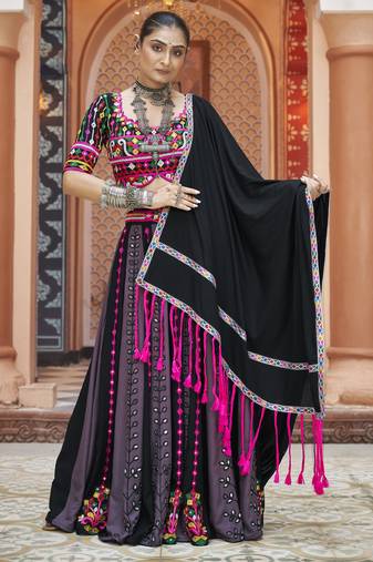 Eilara Purple-Black Mirror Work Embroidered Rayon Lehenga Choli with Dupatta