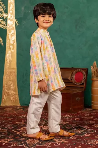Boys multi-coloured ethnic kurta with white pant (set of 2)