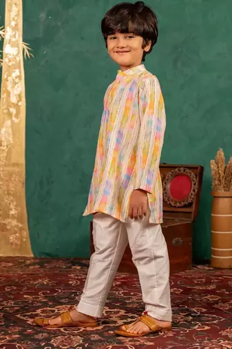Boys multi-coloured ethnic kurta with white pant (set of 2)