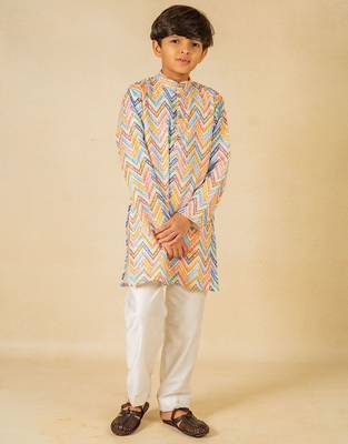 Boys zig zag printed ethnic kurta with white pant (set of 2) 1