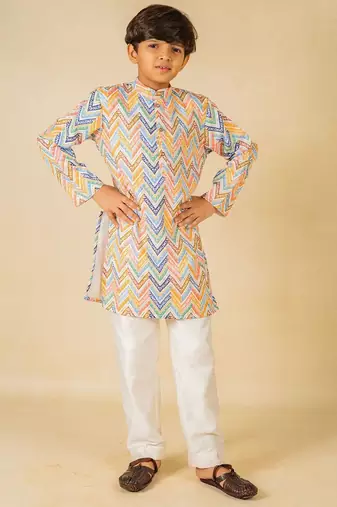 Boys zig zag printed ethnic kurta with white pant (set of 2)