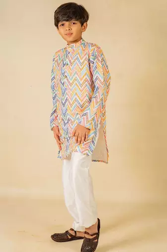 Boys zig zag printed ethnic kurta with white pant (set of 2)
