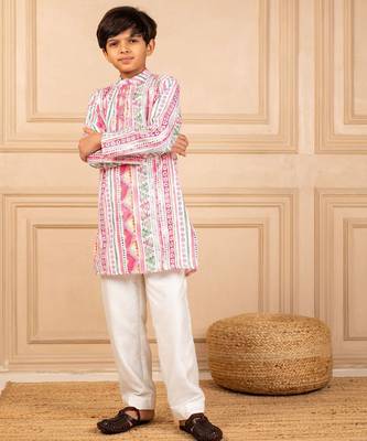 Boys multicoloured  ethnic pattern digital print kurta with white pant (set of 2) 1