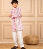 Boys multicoloured  ethnic pattern digital print kurta with white pant (set of 2)