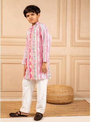 Boys multicoloured  ethnic pattern digital print kurta with white pant (set of 2) 2