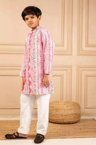 Boys multicoloured  ethnic pattern digital print kurta with white pant (set of 2)
