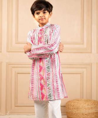 Boys multicoloured  ethnic pattern digital print kurta with white pant (set of 2) 3