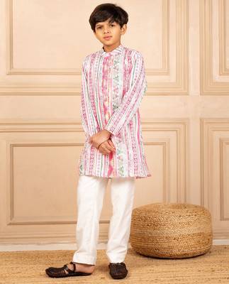 Boys multicoloured  ethnic pattern digital print kurta with white pant (set of 2) 4