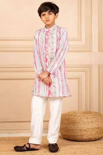 Boys multicoloured  ethnic pattern digital print kurta with white pant (set of 2)