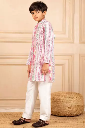 Boys multicoloured  ethnic pattern digital print kurta with white pant (set of 2)