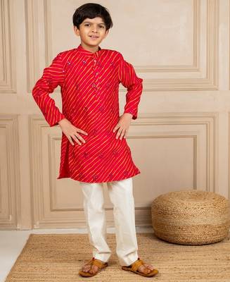 Boys moonga mirror work red cotton ethnic kurta with white pant (set of 2) 1