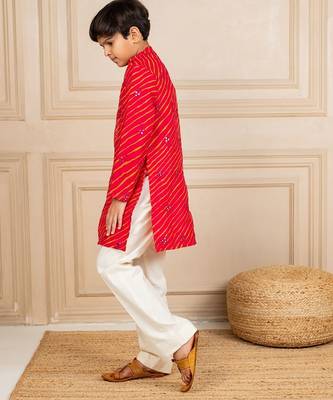 Boys moonga mirror work red cotton ethnic kurta with white pant (set of 2) 2