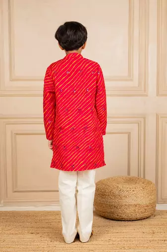 Boys moonga mirror work red cotton ethnic kurta with white pant (set of 2)