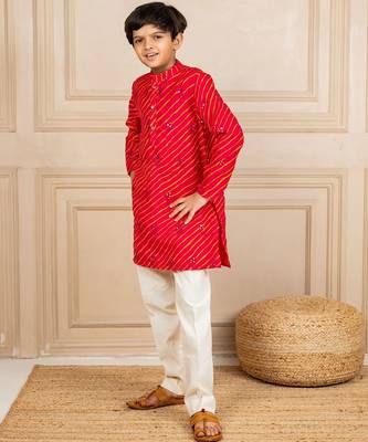 Boys moonga mirror work red cotton ethnic kurta with white pant (set of 2) 4