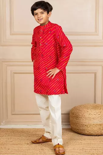Boys moonga mirror work red cotton ethnic kurta with white pant (set of 2)