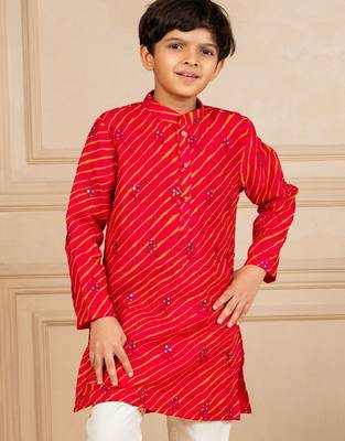 Boys moonga mirror work red cotton ethnic kurta with white pant (set of 2) 5