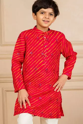 Boys moonga mirror work red cotton ethnic kurta with white pant (set of 2)